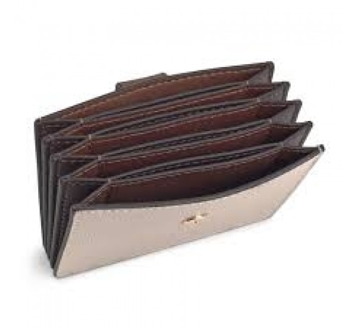 Tarjetero acordeonTous Essential de vinilo efecto safiano combinado con vinilo efecto piel en beige y marron. Cierre con boton a presion. Interior con 5 departamentos principales para tarjetas y 4 dep...