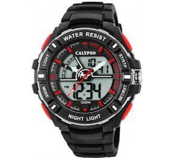 RELOJ CALYPSO ANADIGI SILICONA NEGRA CAJA NEGRA ROJA K5769/6