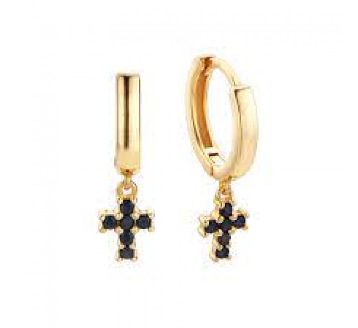 PENDIENTES PLATA DORADA ARO CRUZ CIRCONITAS NEGRAS 00510613