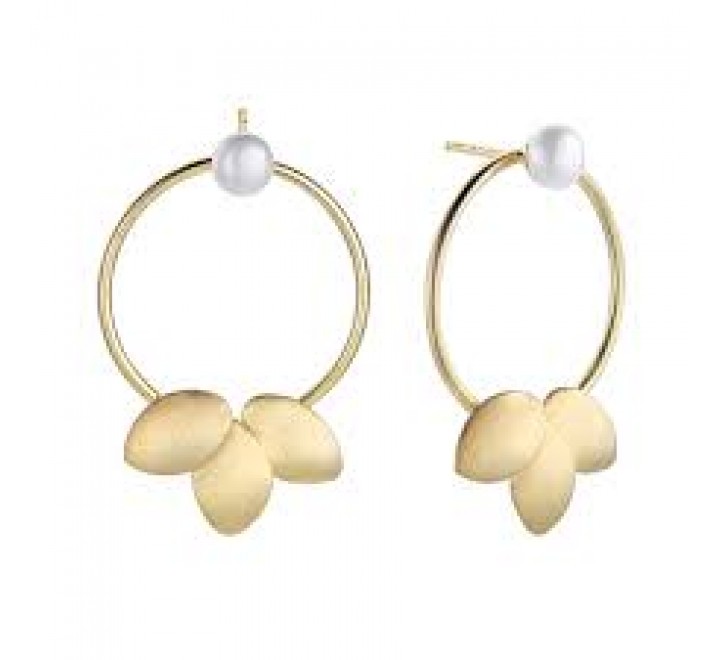 PENDIENTES PLATA DORADA PERLA ARO Y DETALLE HOJAS 00511614