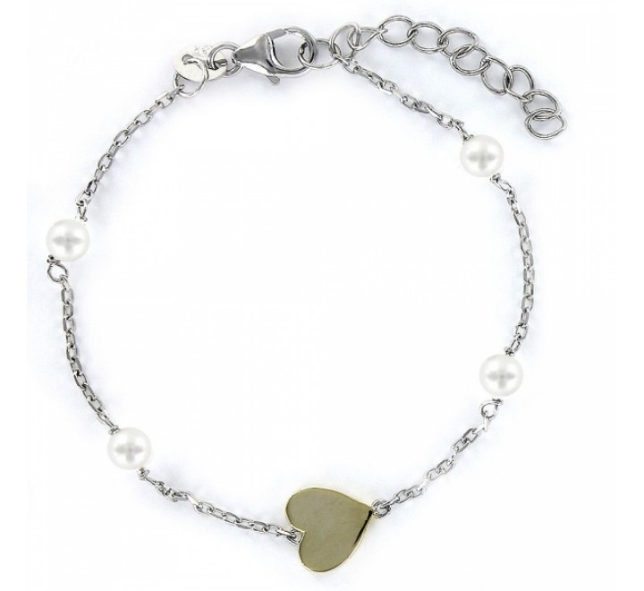 PULSERA PLATA CON 4 PERLAS 4MM Y CORAZON DORADO 9097283
