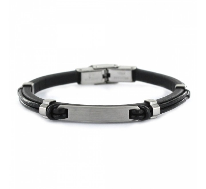 PULSERA CUERO NEGRO NUDOS DE 5MM CON CHAPA ACERO 9106070