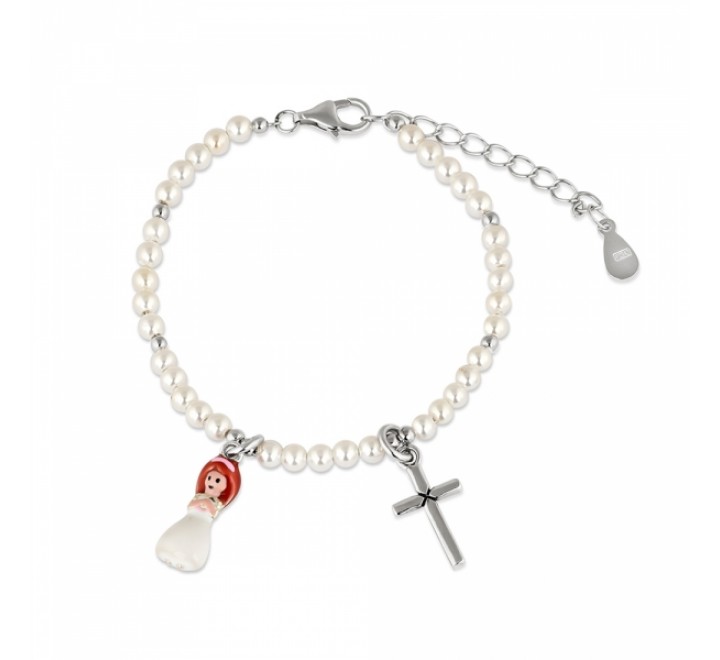 PULSERA PLATA PERLITAS 3MM CON CRUZ Y NI?A ESMALTADA 9110183