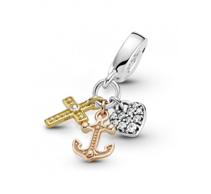 CHARMS PANDORA 799354C01 PLATA DORADA ROSADA CRUZ CORAZON Y ANCLA