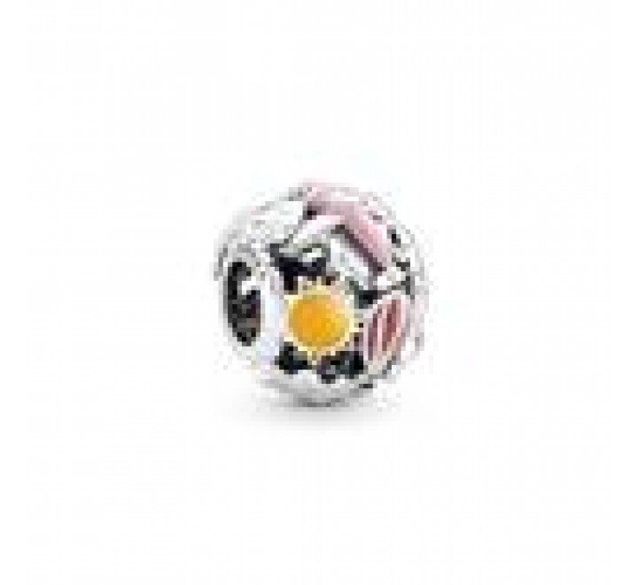 Charm Pandora Viaje & Cielo Arcoíris fabricado en plata primera ley compuesto por figuras en forma de sol, avión y globo en esmaltes color azul, amarillo, rojo, rosa, azul, naranja y