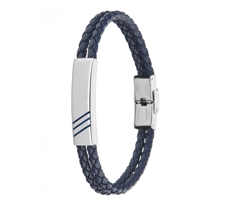 PULSERA MAREA CUERO TRENZADO AZUL DOBLE Y ACERO D00103/162