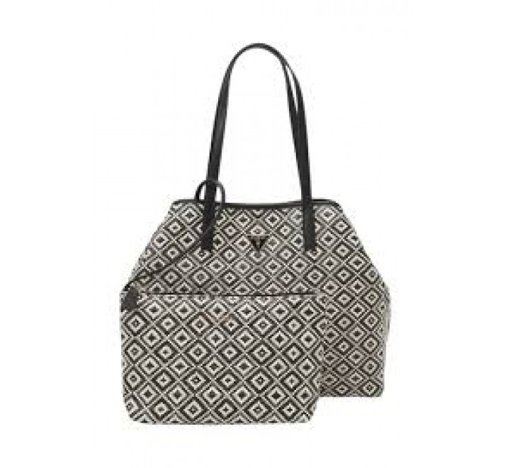 BOLSO GUESS SHOPPER VIKKY RAFIA NEGRO Y BLAN WR931829