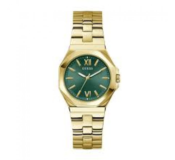 RELOJ GUESS CAJA Y ARMIS ACERO DORADO ESFERA VERDE GW0873L2