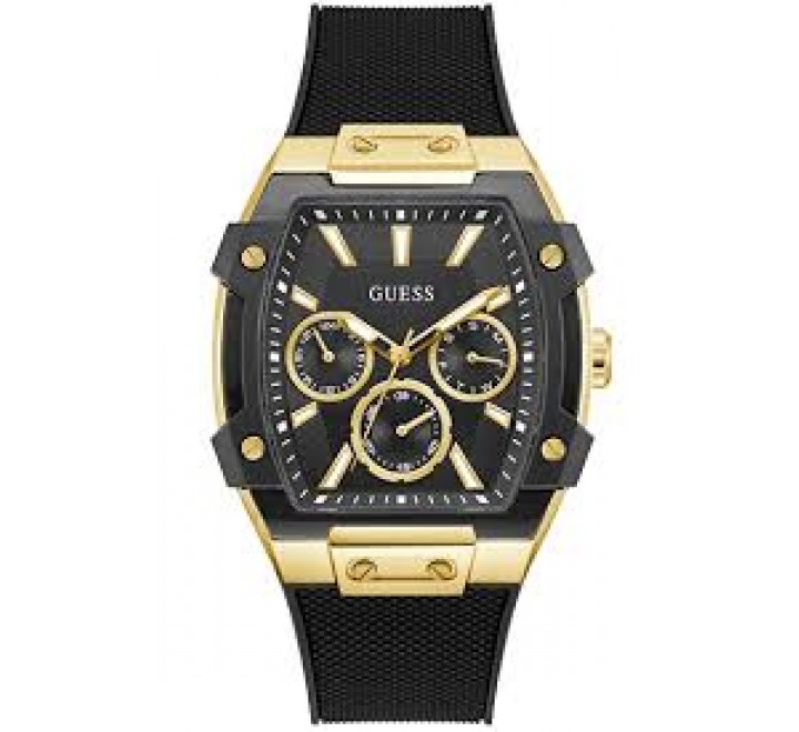RELOJ GUESS CAJA ACERO DORADO CORREA SILICONA NEGRA GW0956G2