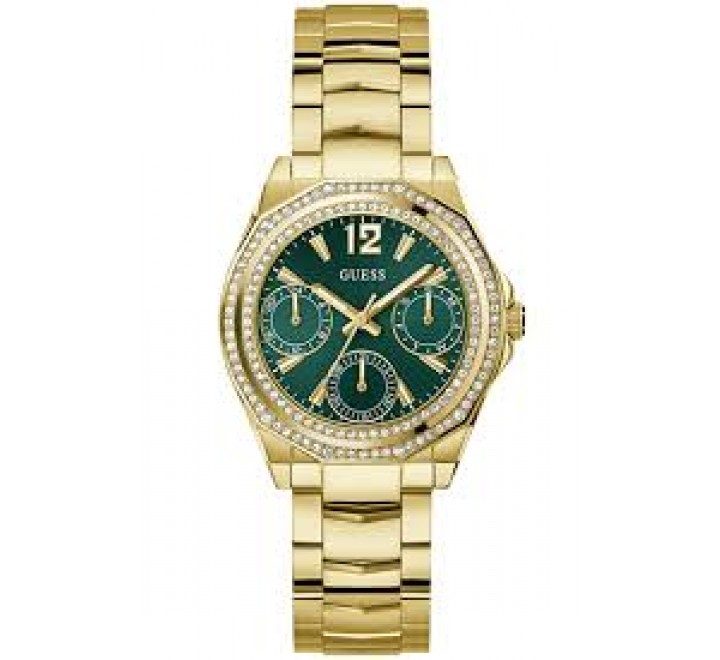 RELOJ GUESS CAJA Y ARMIS ACERO DORADO ESFERA VERDE GW0685L5