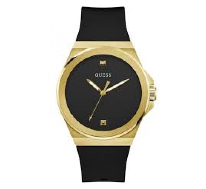 RELOJ GUESS CAJA ACERO DORADO CORREA SILICONA NEGRA GW0790G1