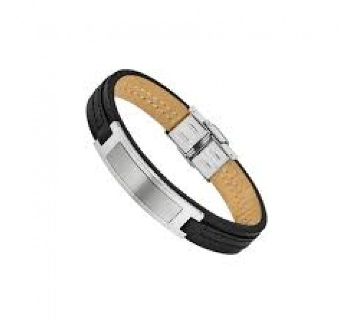 PULSERA LOTUS ACERO Y CUERO NEGRO LS1808/2/2
