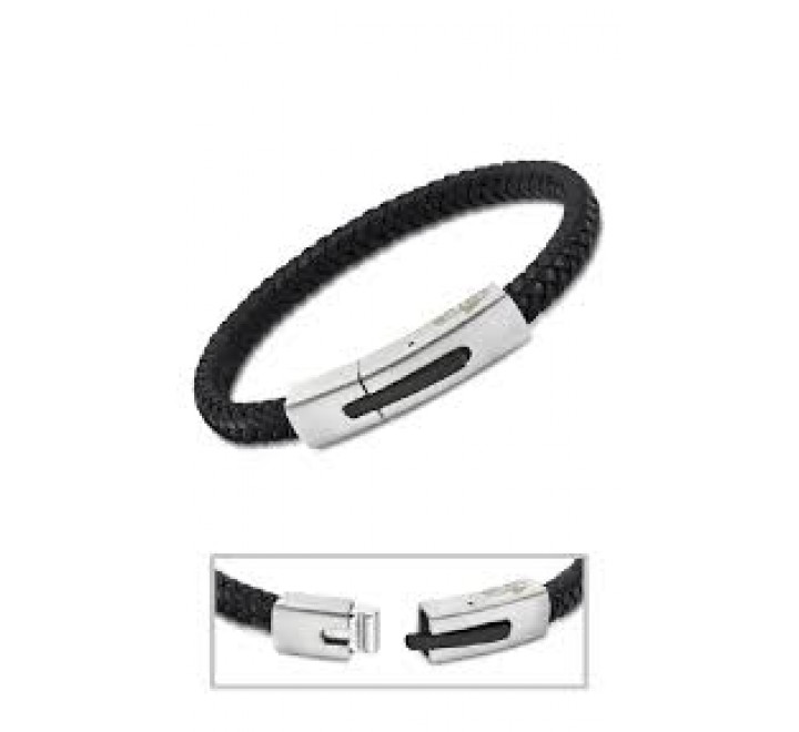PULSERA LOTUS ACERO Y CUERO TRENZADO NEGRO LS2055/2/1