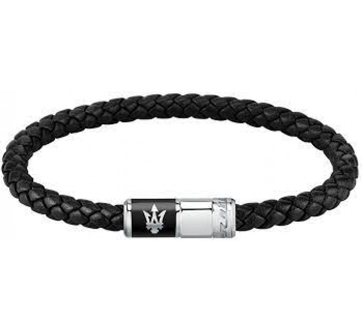 PULSERA MASERATI CUERO NEGRO Y ACERO BICOLOR JM222AVE07