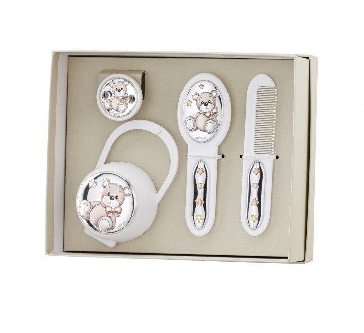 SET PINZA CHUPETERO CEPILLO Y PEINE OSO BLANCO EV3466/05B