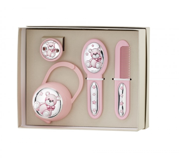 SET PINZA CHUPETERO CEPILLO Y PEINE OSO ROSA EV3466/05R