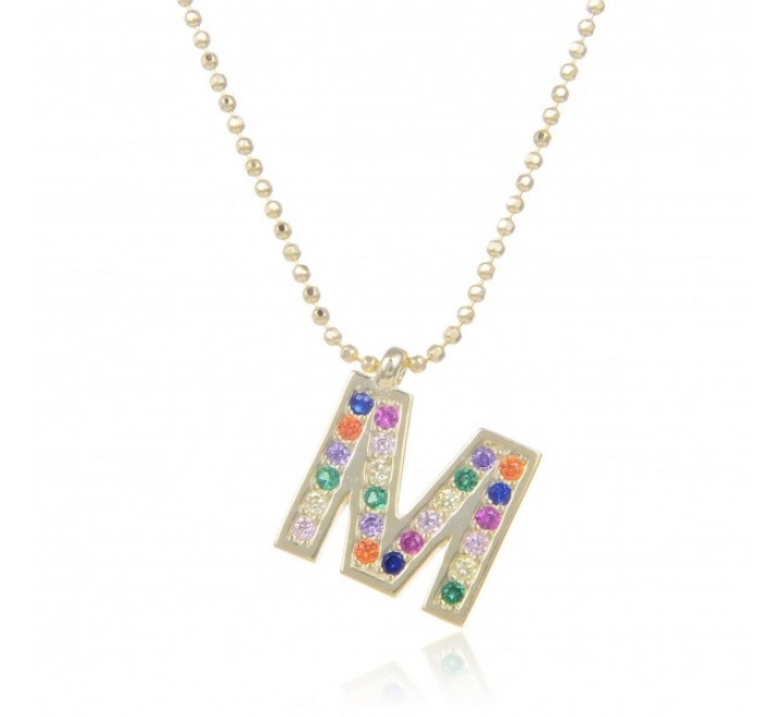 GARGANTILLA PLATA DORADA GA8840R LETRA M PIEDRAS COLORES