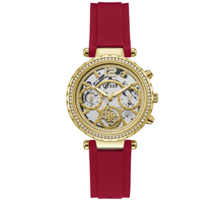 RELOJ GUESS CAJA ACERO DORADO CIRCONI SILICONA ROJA GW0484L1