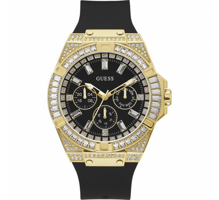 RELOJ GUESS GW0208G2 SILICONA NEGRA CAJA DORADA CIRCONITAS