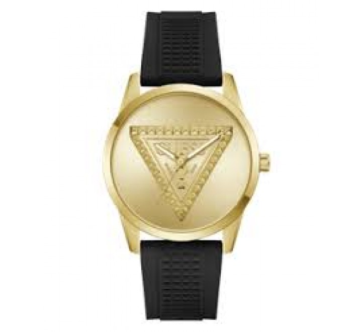 RELOJ GUESS CAJA ACERO DORADO CORREA SILICONA NEGRA GW1143G2