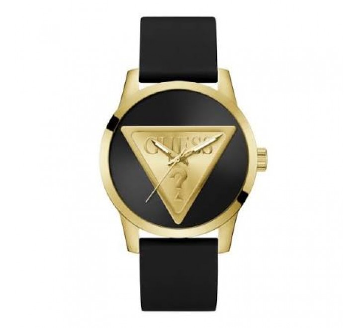 RELOJ GUESS CAJA ACERO DORADA CORREA SILICONA NEGRA GW0781G4