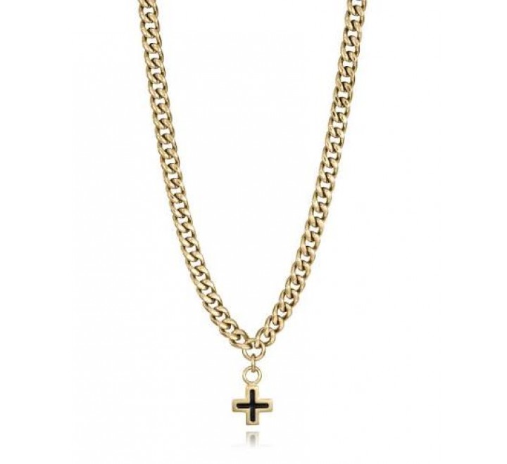 COLLAR DE HOMBRE EN ACERO IP DORADO Y ÓXIDO CON COLGANTE DE CRUZ LARGO 55 CM + 5 CM DE EXTENSIÓN