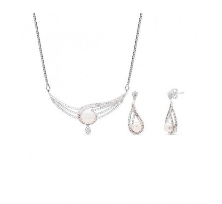 JUEGO GARGANTILLA Y PENDIENTES PLATA PERLA LARGO JU3022