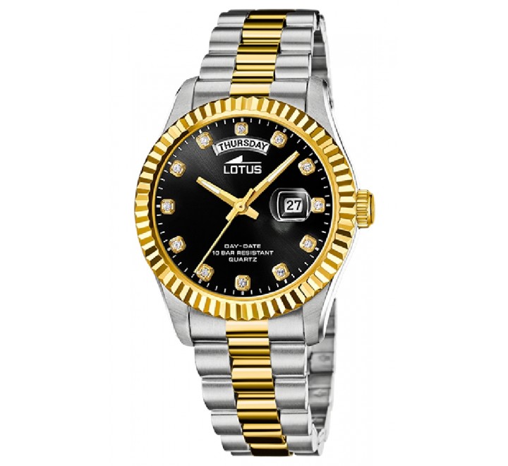 RELOJ LOTUS CAJA Y ARMIS ACERO BICOLOR ESFERA NEGRA 18855/6