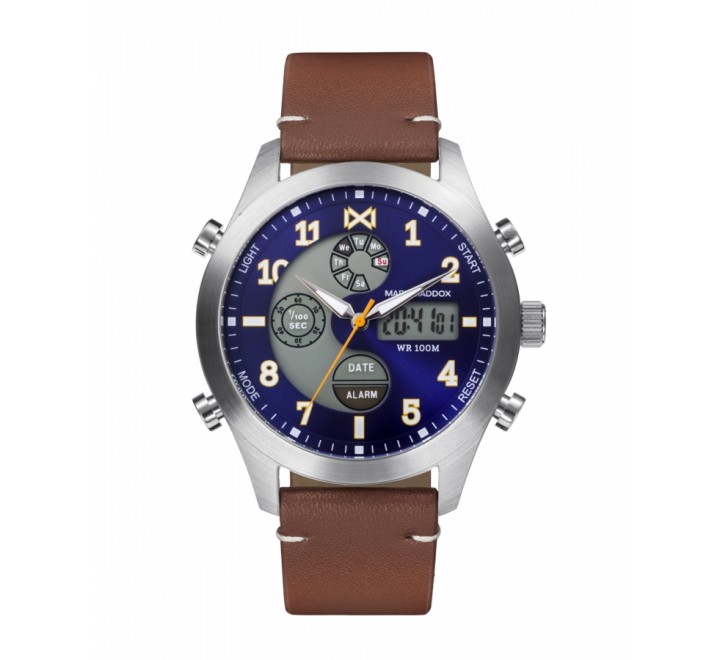 RELOJ MARK MADDOX CORREA PIEL MARRON ESFERA AZUL HC1004-34