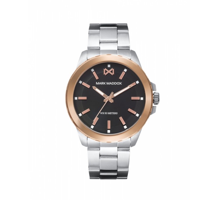 RELOJ MARK MADDOX ACERO BISEL ROSADO ESFERA NEGRA HM0111-57