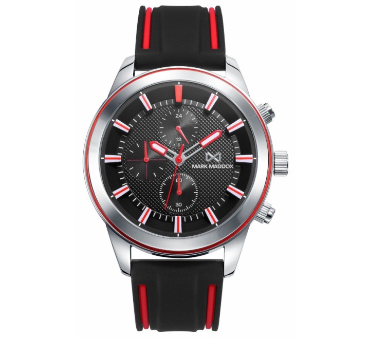 RELOJ MARK MADDOX CORREA CAUCHO NEGRA ROJA CAJA ACERO HC7149-57