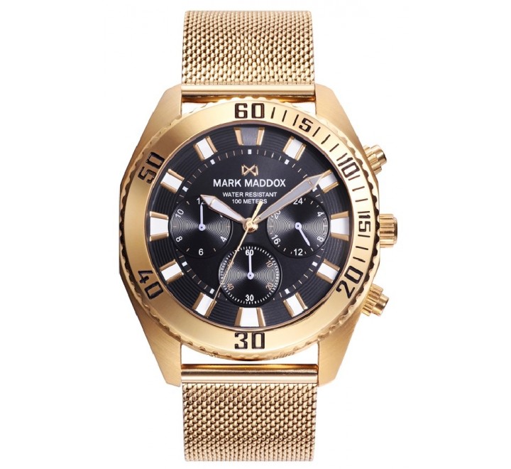 RELOJ MARK MADDOX MALLA ACERO DORADO ESFERA NEGRA HM0129-57