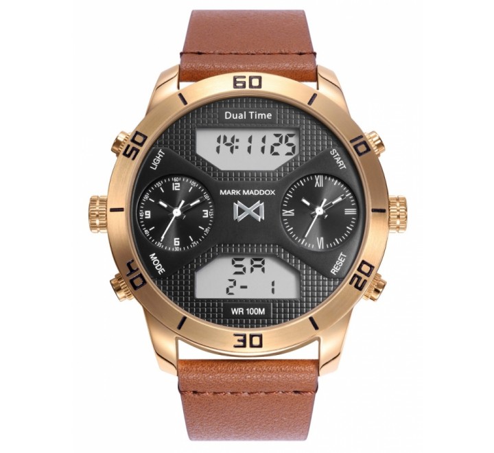 RELOJ MARK MADDOX CORREA PIEL MARRON CAJA DORADA HC1007-90