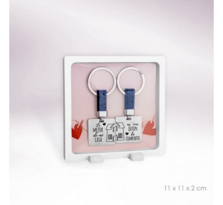 LLAVEROS CONJUNTO ACERO 910052 CUERO AZUL FRASE ENAMORADOS