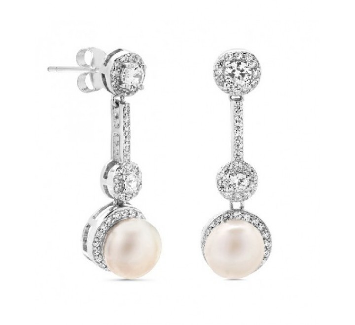 PENDIENTES PLATA BARRA PERLA FINA Y CIRCONITAS PE5258