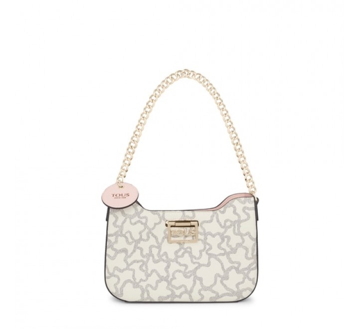 Bolso baguette TOUS Kaos Legacy de lona hidrofuga con estampado Kaos en color beige y negro