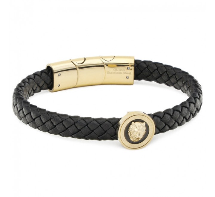 PULSERA GUESS CUERO NEGRO ACERO DORAD LEON JUMB01312JWYGBKT-U