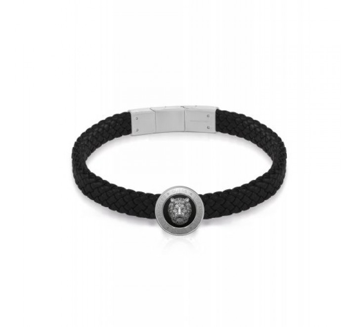 PULSERA GUESS CUERO NEGRO Y ACERO LEON JUMB01312JWSTBKT-U