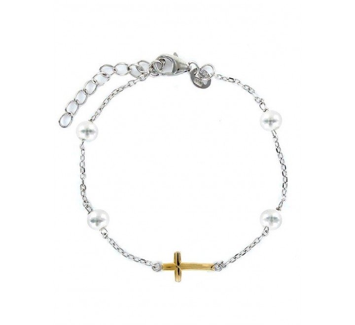 PULSERA PLATA CADENA FORZADA CON 4 PERLAS 4MM Y CRUZ 9097290