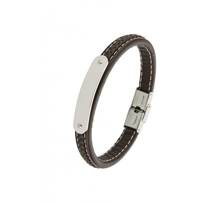 PULSERA MAREA CUERO MARRON PESPUNTE BLANCO Y ACERO D00103/92