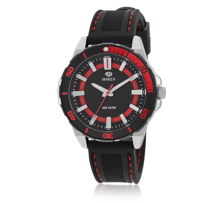 Reloj Marea Hombre B35343 5 Sport Negro. Caja de acero. Correa de silicona negra. Esfera negra roja. Bisel negro rojo. Sumergible 50m