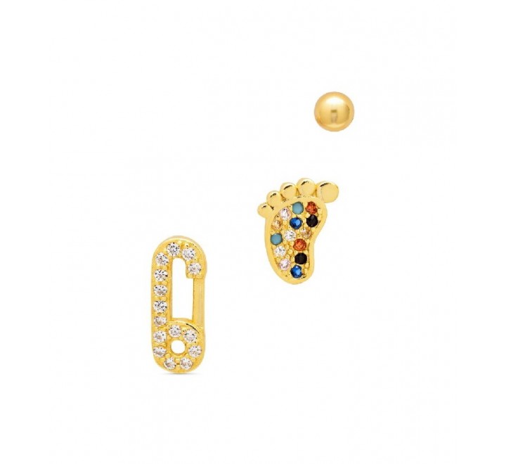 SET 3 PENDIENTES PLATA DORADA PIE IMPERDIBLE BOLA PE5946CH