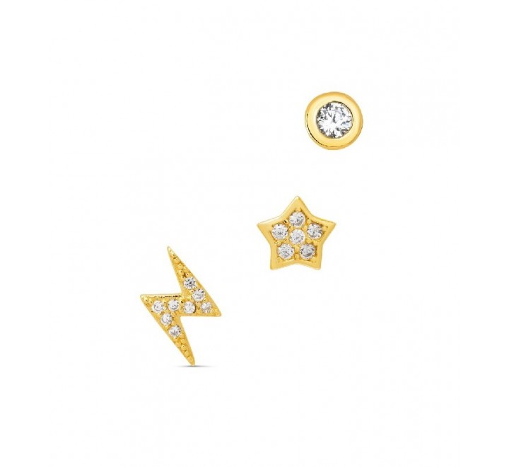 SET 3 PENDIENTES PLATA DORADA RAYO ESTRELLA CHATON PE5950CH