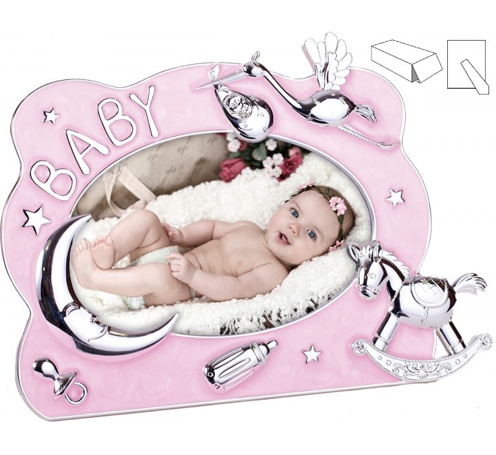PORTAFOTO INFANTIL ROSA Ref. 09481-R.15X10.PLATEADO-CIGÜEÑA