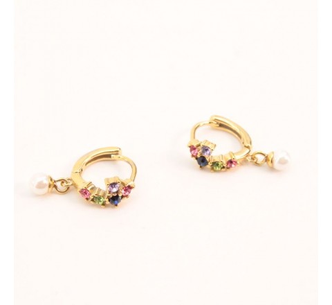 PENDIENTE ACERO DORADO ARO CIRCONITAS COLOR PERLA 131095-01