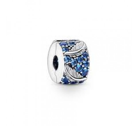 CLIP PANDORA PLATA CIRCONITAS AZULES Y PLUMAS 792552C01