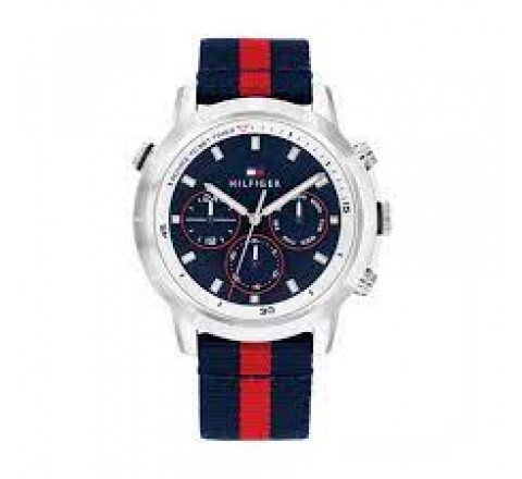 RELOJ TOMMY HILFIGER CAJA ACERO CORREA AZUL ROJA 1792124