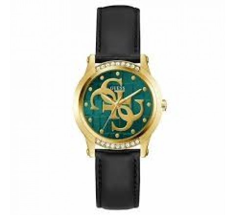 RELOJ GUESS CAJA ACERO DORADO CORREA PIEL NEGRA GW0860L6