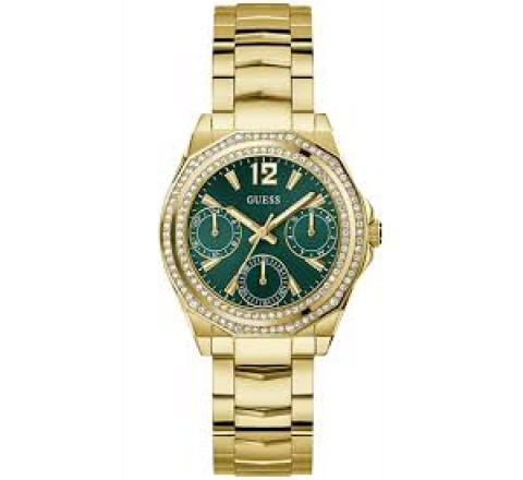 RELOJ GUESS CAJA Y ARMIS ACERO DORADO ESFERA VERDE GW0685L5