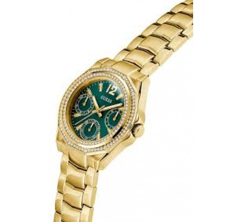 RELOJ GUESS CAJA Y ARMIS ACERO DORADO ESFERA VERDE GW0685L5